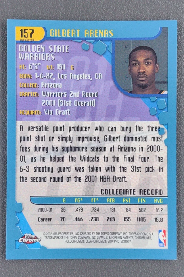 2002 Topps Chrome Gilbert Arenas Blue Refractor Rookie RC #157 Warriors - Image 2 of 2