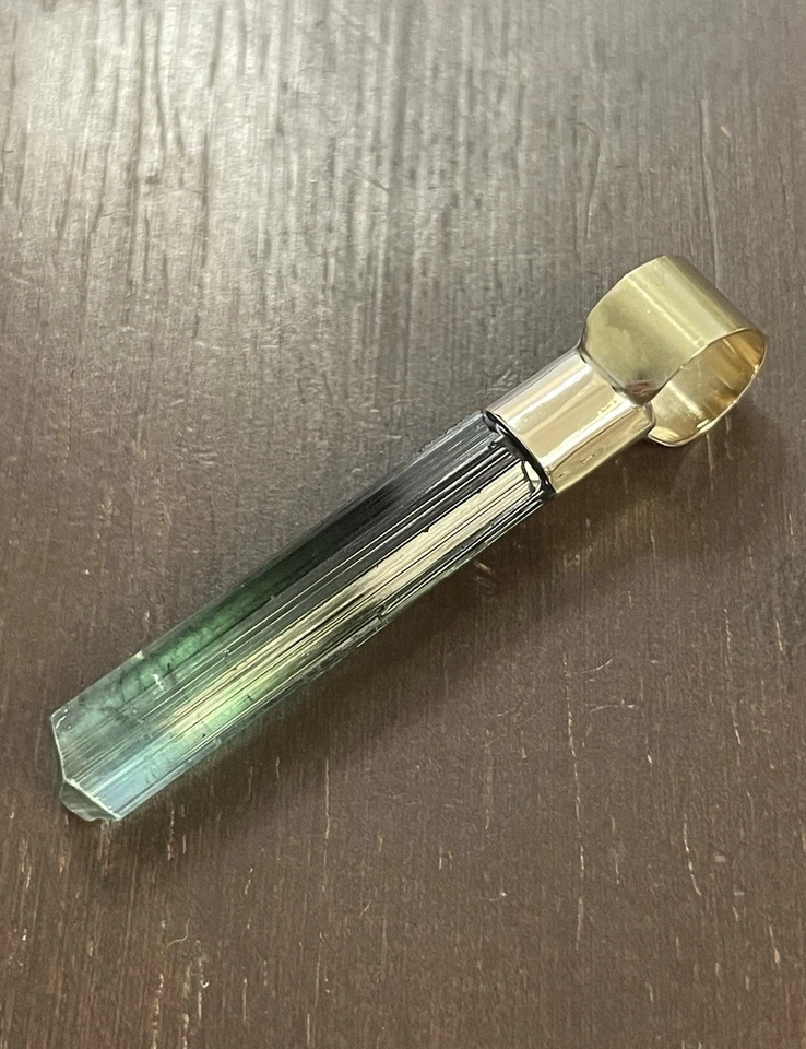 14K massives Gold blauer Turmalin Edelstein Kristall Halskette Anhänger! - Bild 3 von 4