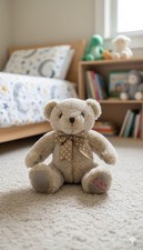 fao schwarz plush Teddy Bear With Brown And White Polka Dot Ribbon