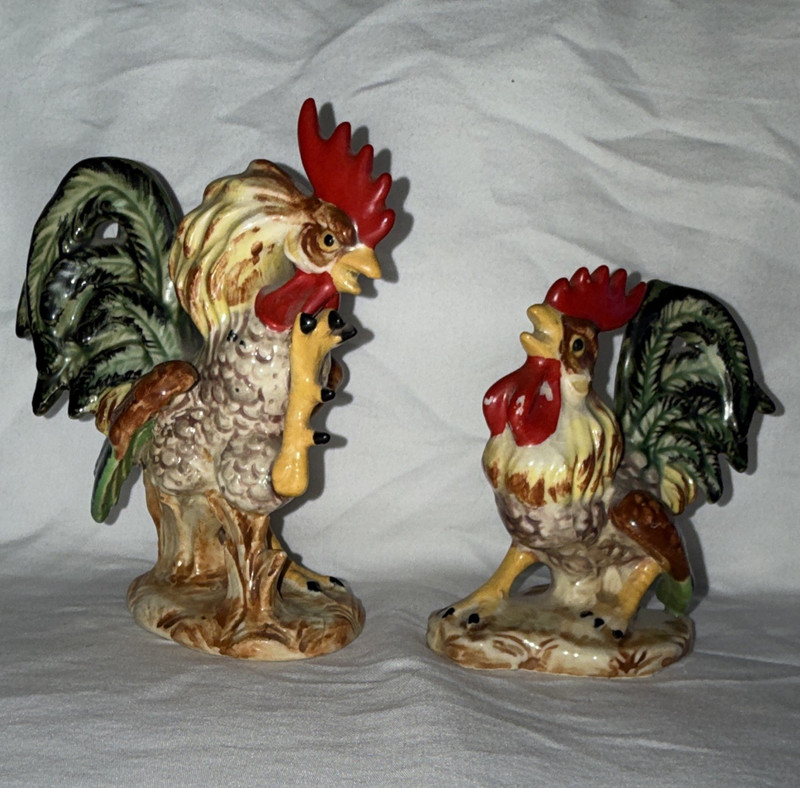 Lefton Pair Ceramic Hand Painted Rooster Figurines Japan Vintage