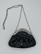 VTG. Black Patent Croc Embossed Clutch Rhinestone Floral Evening Bag Chain Strap