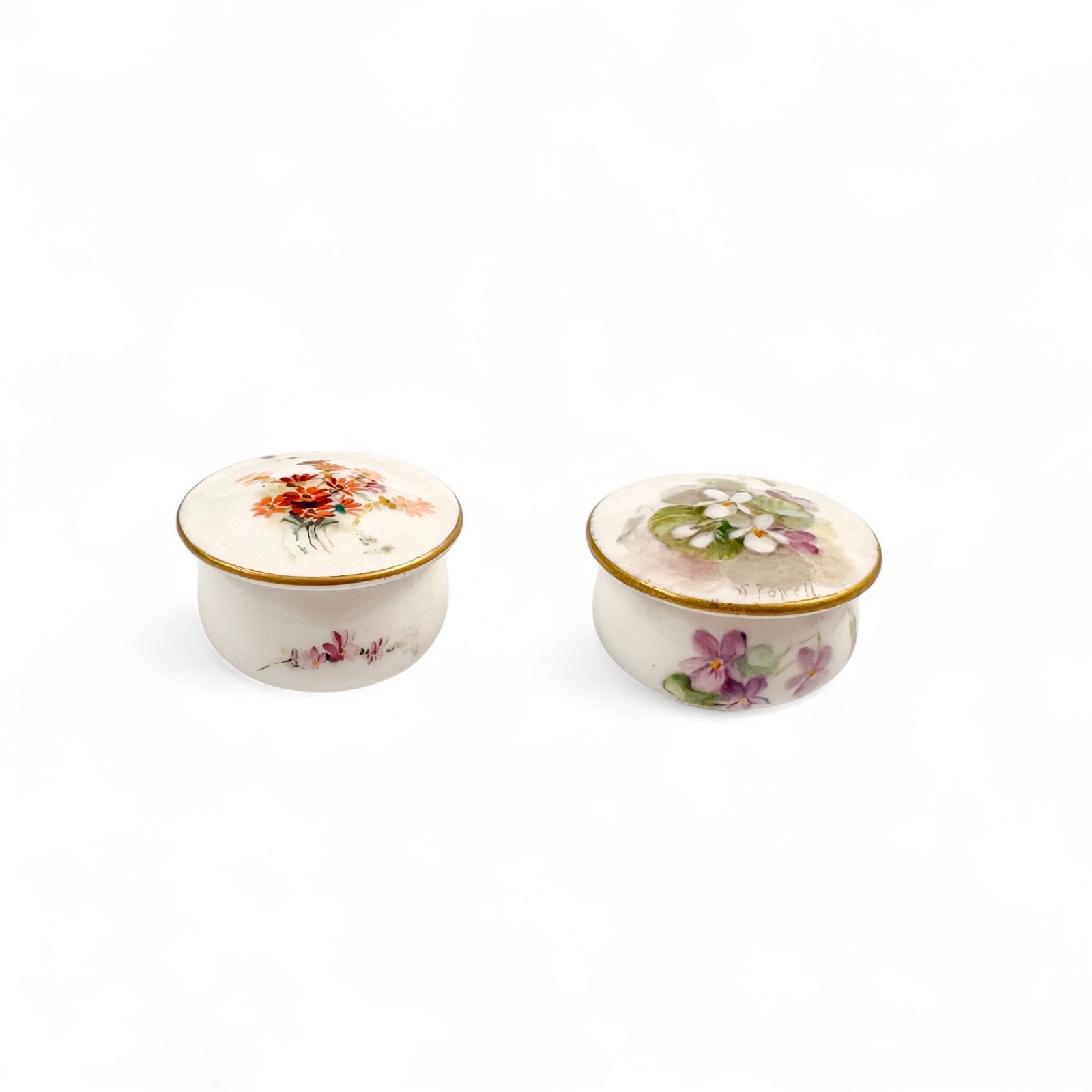Antique Royal Worcester hand painted porcelain pill boxes pair 1899, 1915