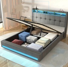 Ottoman Bed Frame 4ft6 Double Storage Metal Bed Frame with USB Port & LED Light