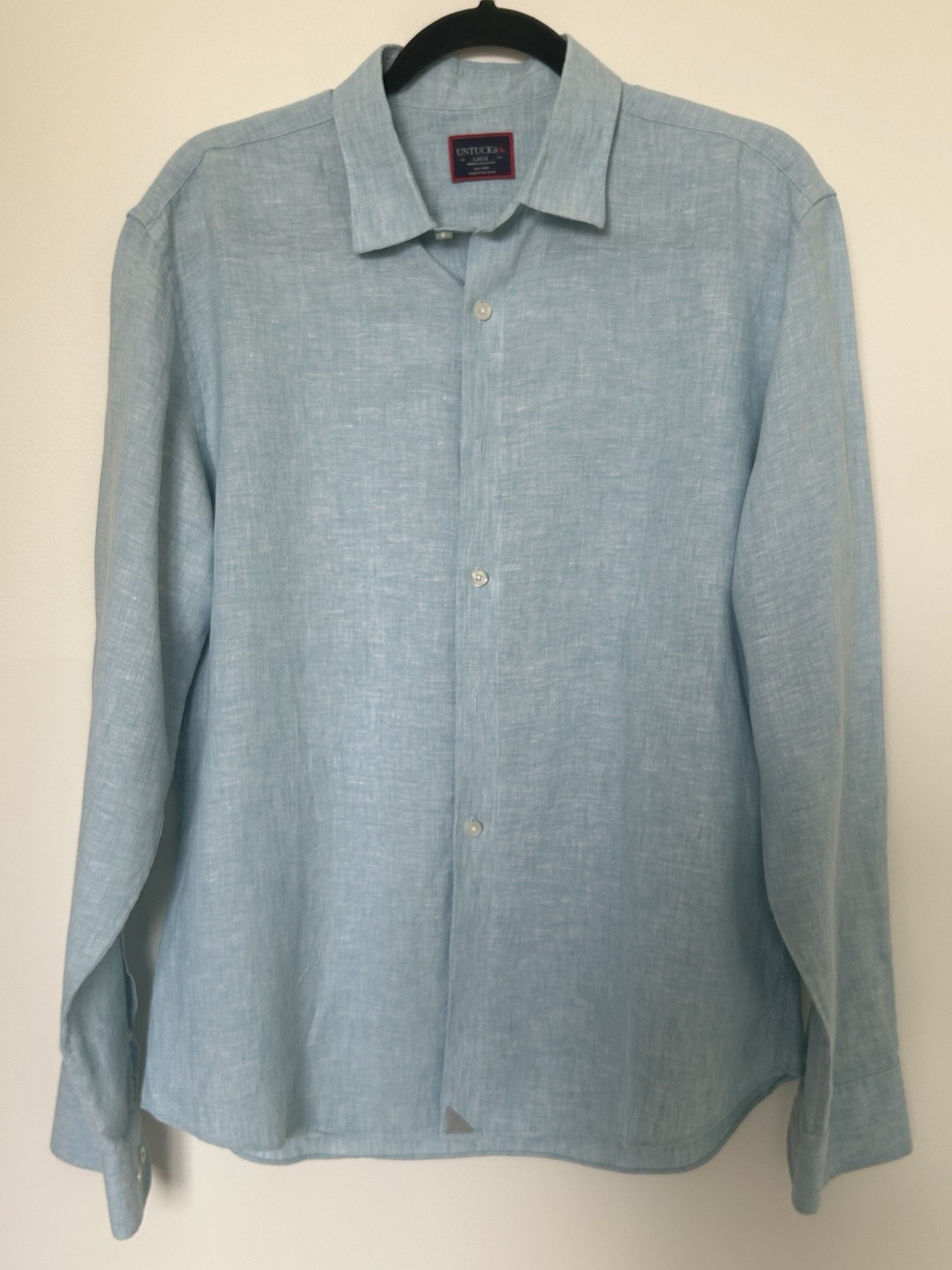 UNTUCKit Shirt Mens L Blue Button Down 100% Linen Wrinkle Resistant Long Sleeve