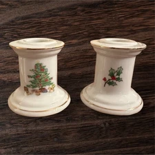 Shibata Japan Fine Porcelain Christmas Tree Candle Holder Pair Gold Trim Holiday