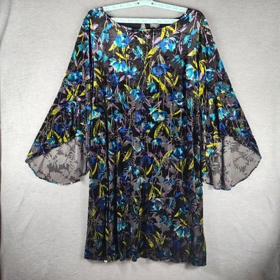 The Limited Collection Dress Womens 2X Blue Floral Velvet Shift Bell Sleeve
