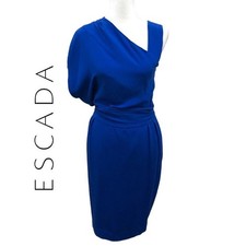Escada Royal Blue Draped Shoulder 100% Silk Cocktail Dress