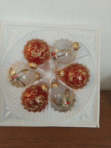 VINTAGE VECCHIO VETRO DECORAZIONI ALBERO DI NATALE PALLINE X6 IN SCATOLA - Foto 10 di 17