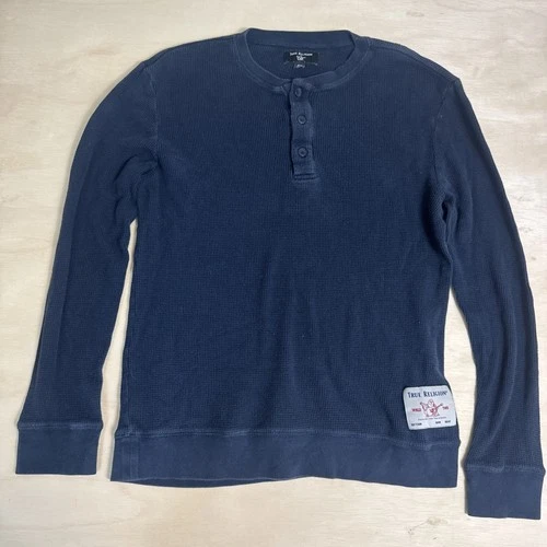 True Religion Men Shirt Small Blue Waffle Knit Henley Long Sleeve