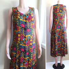 Vintage 80s Rainbow Dress M Rayon Sleeveless Button Geometric Floral Jasmine KV