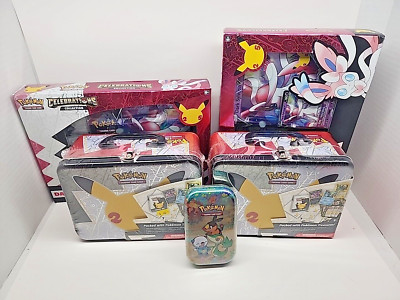 2021 Pokémon TCG Celebrations Sealed Lot x2 Sylveon Box/x2 Lunchboxes/1x Minitin