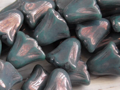 12 - 10mm CZECH GLASS SMOKY TEAL BLUE SHINY PURPLE LUSTER TULIP LILY FLOWER BEAD