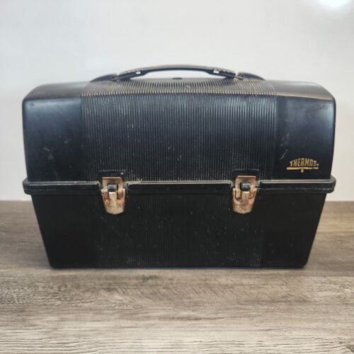 Vintage THERMOS BRAND Lunchbox Made In USA, Black Plastic Lunch Box Work School