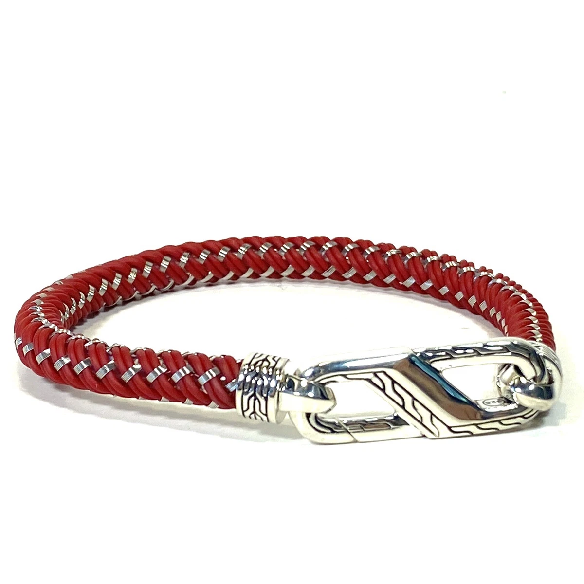 JOHN HARDY Mens .925 Silver Carabiner Rubber Cable Bracelet Red M