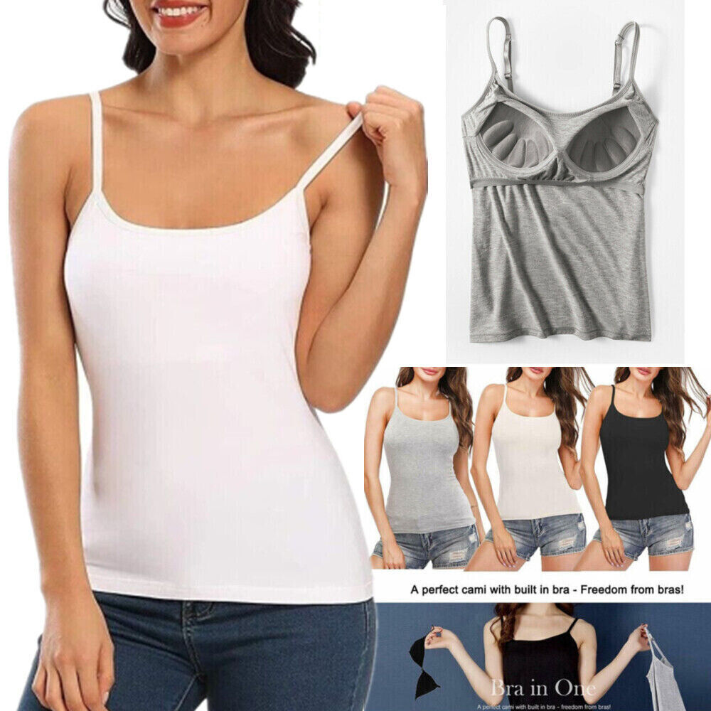 Women Camisole with Built in PADDED BRA Adjustable Spaghetti Strap Layering  Tops