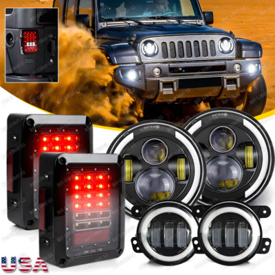 Tail Light+7'' Halo LED Head Lamp+Fog Lights For Jeep Wrangler JK 2007-18