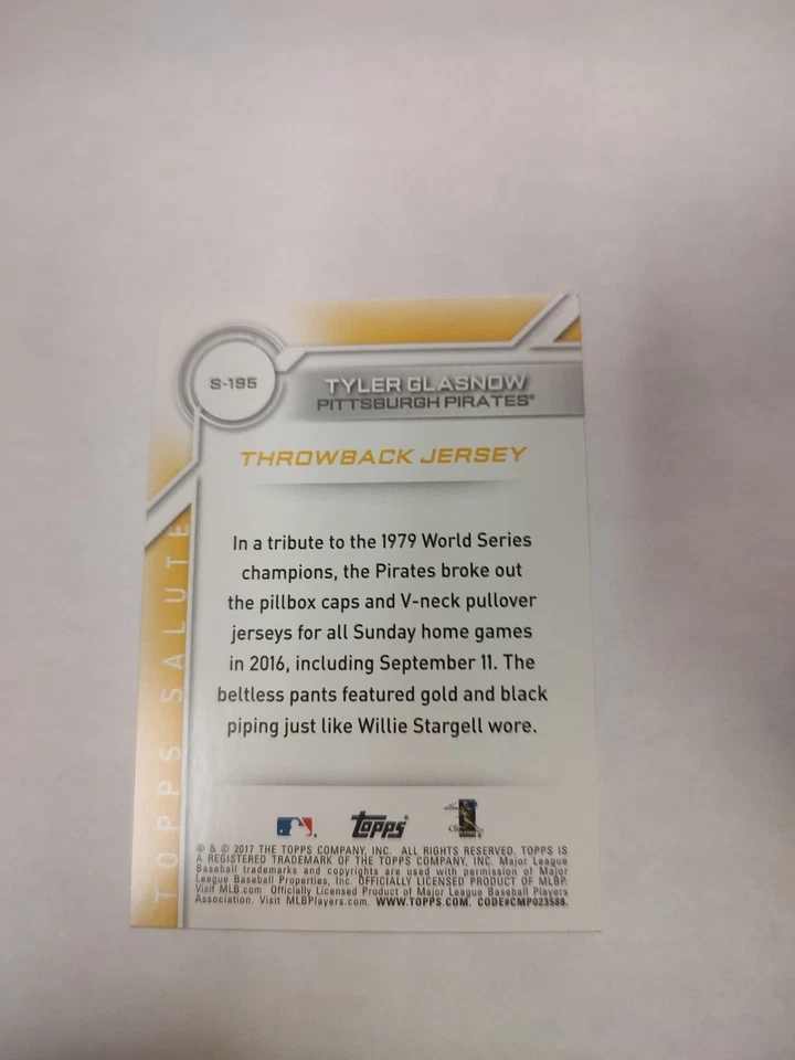 2017 Topps Topps Salute Throwback Jersey Tyler Glasnow #S-195 Rookie RC (PWE) - Image 2 of 2