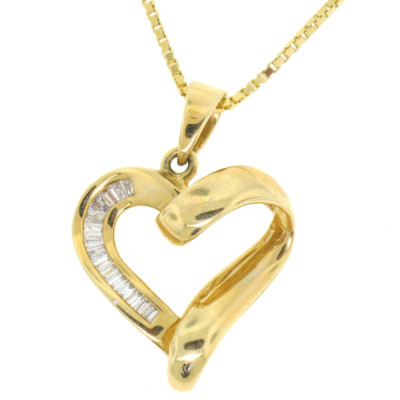 NEU 14k Gelbgold 0,50ctw Baguetteschliff Diamant offenes Herz 16'' Anhänger Halskette