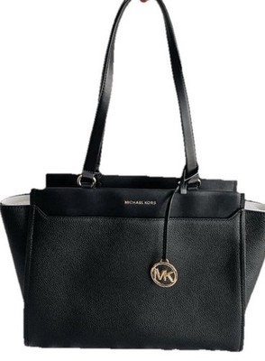 Michael Kors Graham Logo Large Top Zip Satchel Tote Black Pebbled Leather