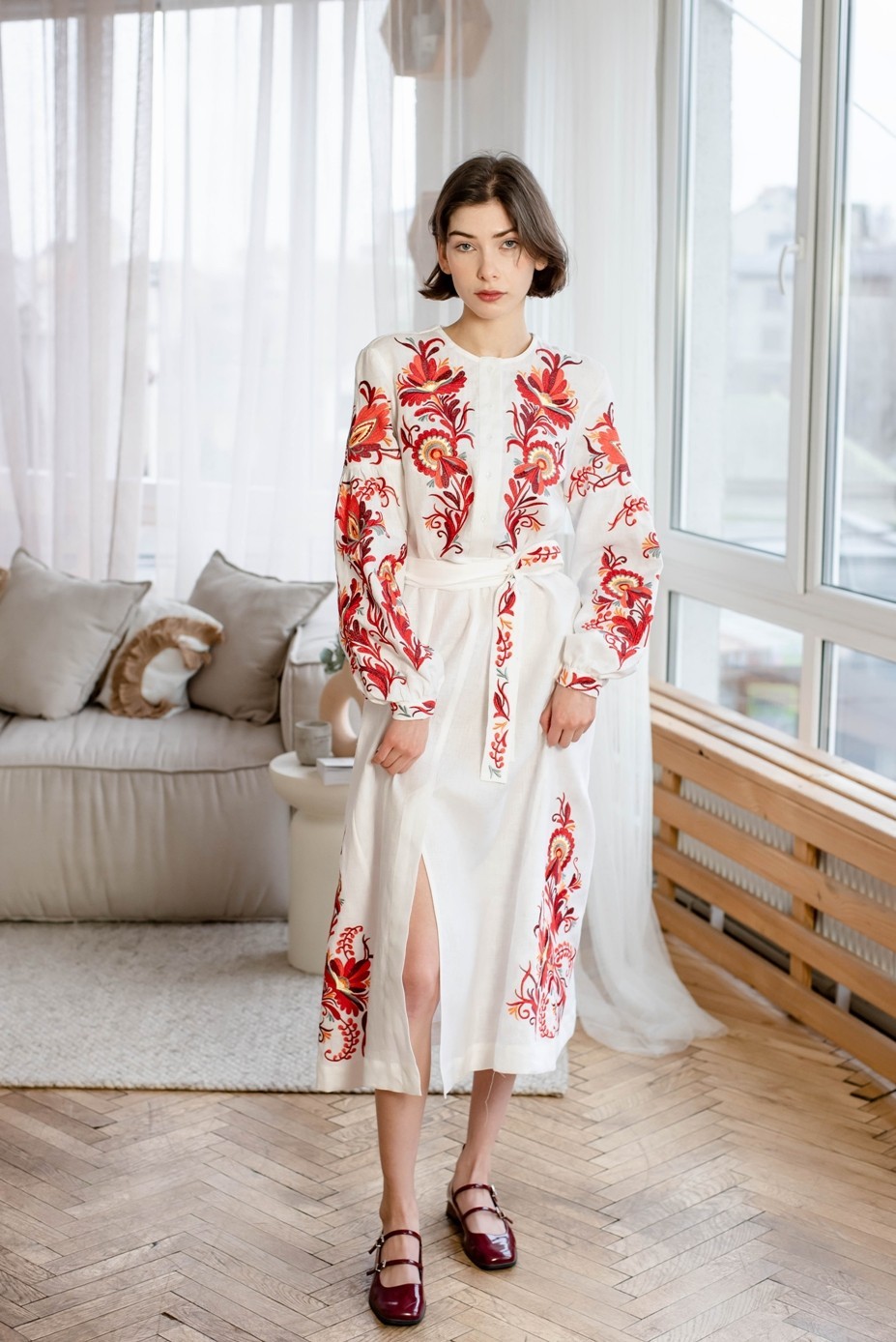 Vestido midi de lino bordado blanco para mujer Vyshyvanka ucraniano con cinturón boho