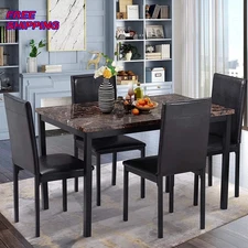 5 Piece Dining Room Table Set 4 Faux Leather Chairs Faux Marble Kitchen Table 