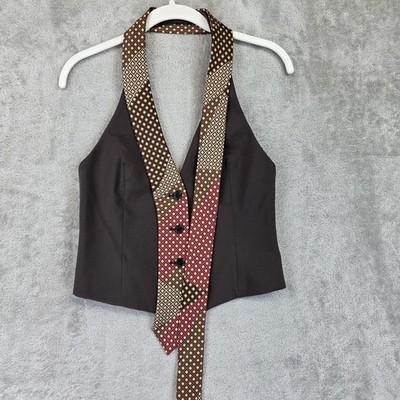 Zara Suit Vest Womens XS Brown Geometric Halter Tie Front Lined Stretch Tailored