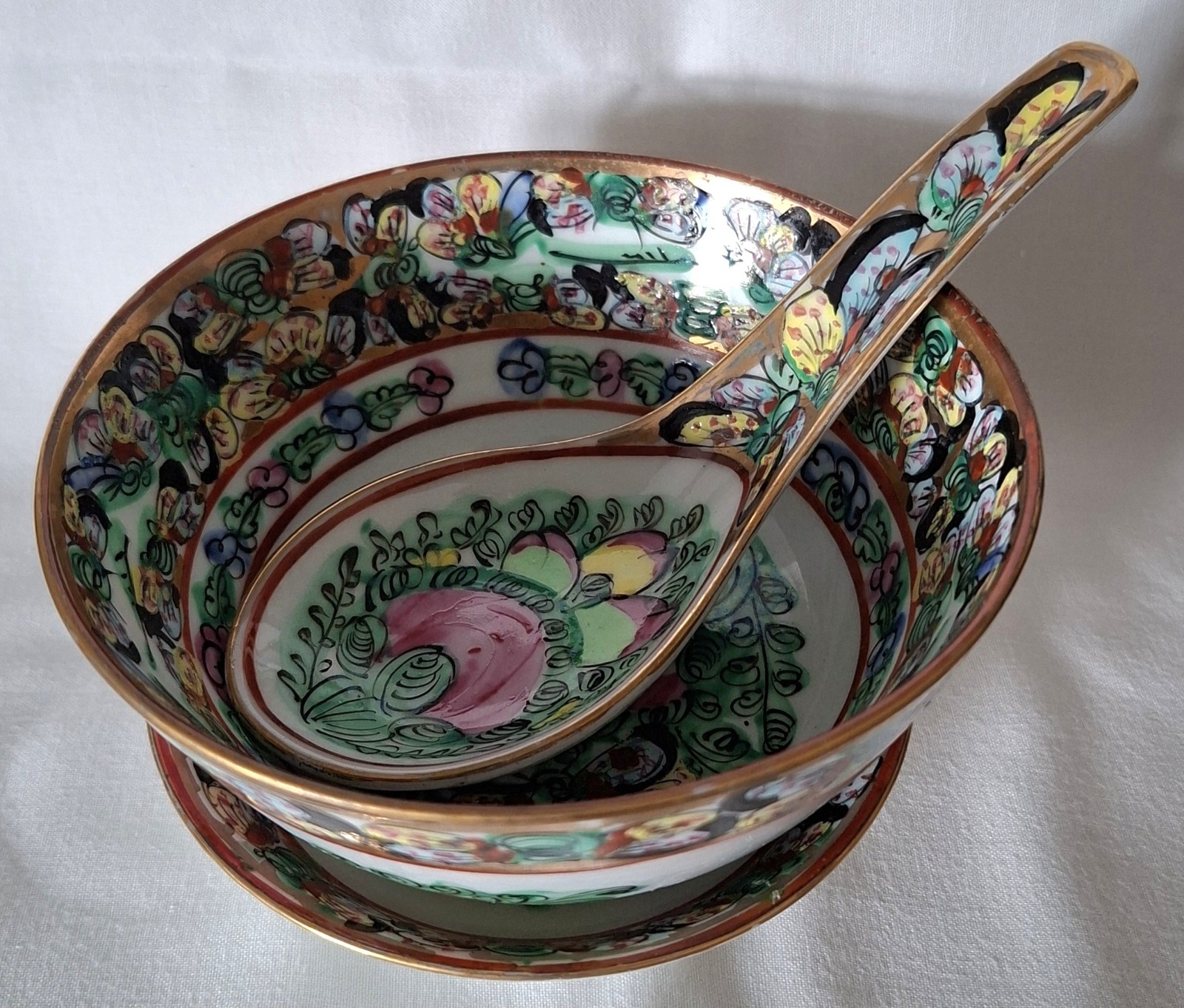 Vintage Chinese Rose Medallion Trio Set Bowl Plate Spoon Decorated in Hong Kong