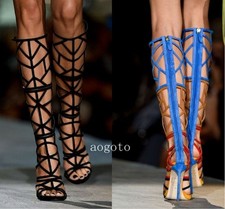 Gladiator Hollow Out Peep Toe Knee High Boots Women Sandals Punk Stilettos Heel