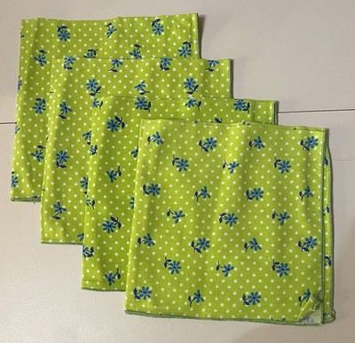 Vintage Fabric Napkins, Set of 4 Green with Blue Flowers 1970s Retro