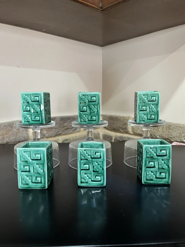 6 Forest Green Toothpick Holder Pottery Mid Century Modern Aztec Design Haeger - Image 4 of 4