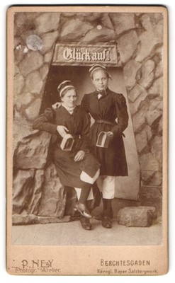 Photograph P. Ney, Berchtesgaden, two ladies as miners with pit lamp in a 