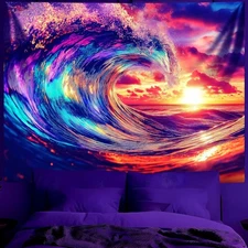 Blacklight Tapestry Northern Lights Sea Waves Sunset UV Reactive Wall Art 79x59"