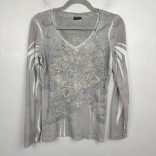 Vintage Y2K Vanity Top Womens Large Gray Distressed Thermal Fleur de Lis Bling