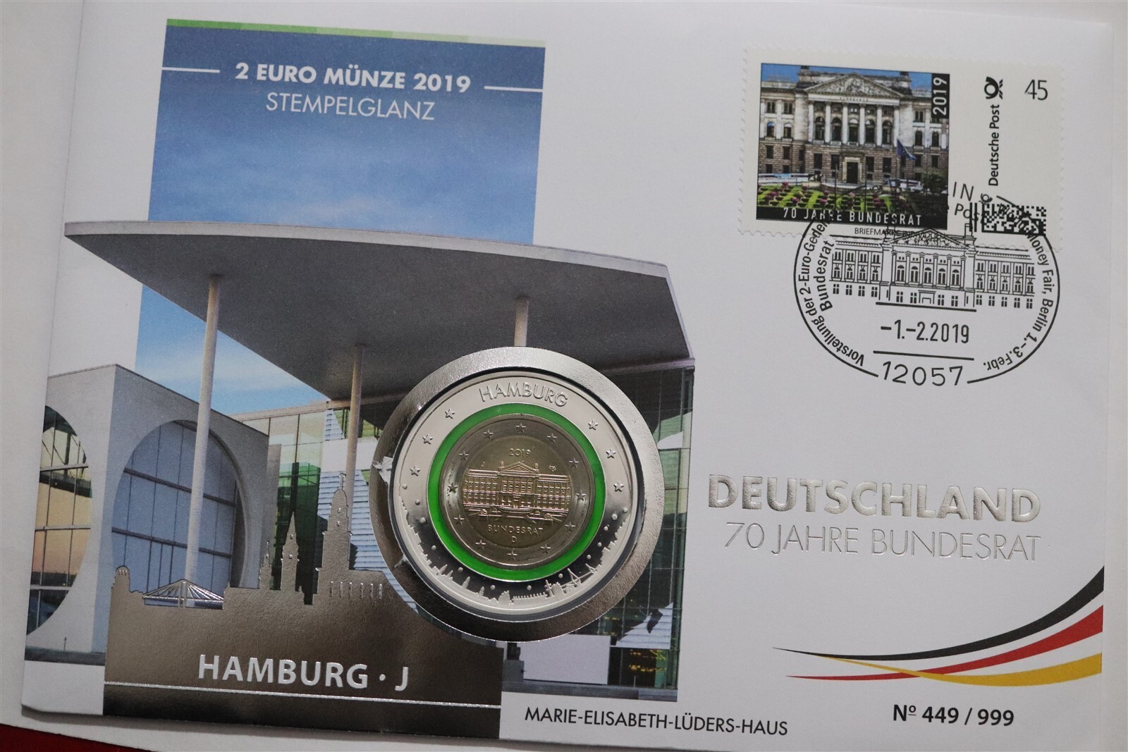 🧭 🇩🇪 ALLEMAGNE 2 EURO 2019 BUNDESRAT HAMBURG POLYMER RING COVER B79 #153...