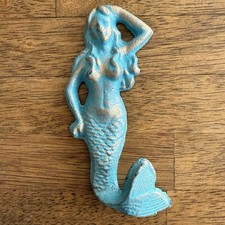 Mermaid Towel Hook 6  Cast Iron Wall Hanger Rustic Blue Nautical Bathroom Decor