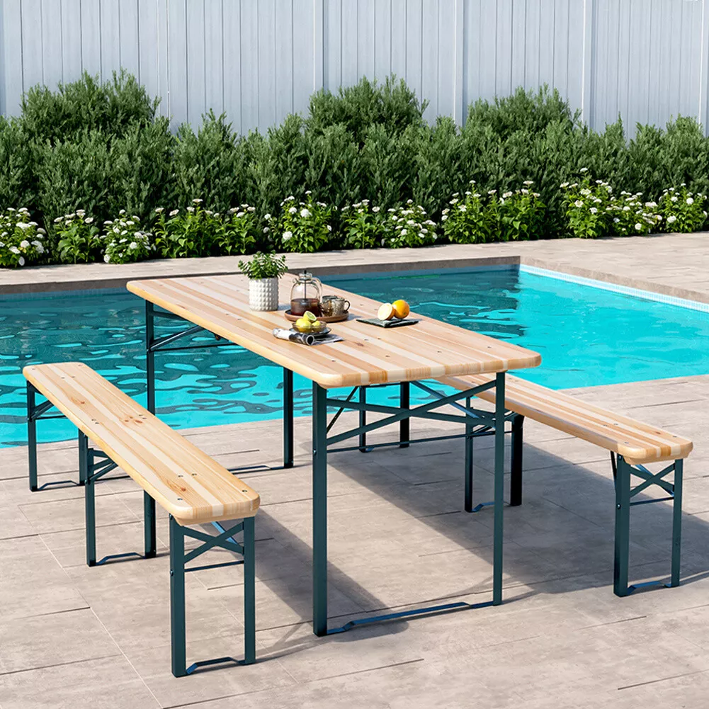 Wooden Metal Picnic Table Bench Set Furniture Garden Outdoor Patio