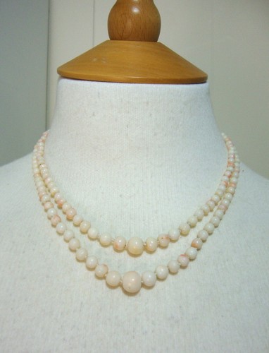 Antique Natural Angel Skin Blush Coral 2-Row Graduated Necklace - Hand Carved - Picture 10 of 10