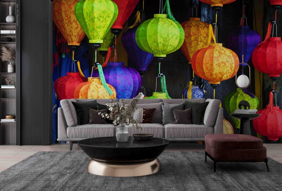 3D Lantern Green Blue Red Decoration Wallpaper Wall Murals Removable