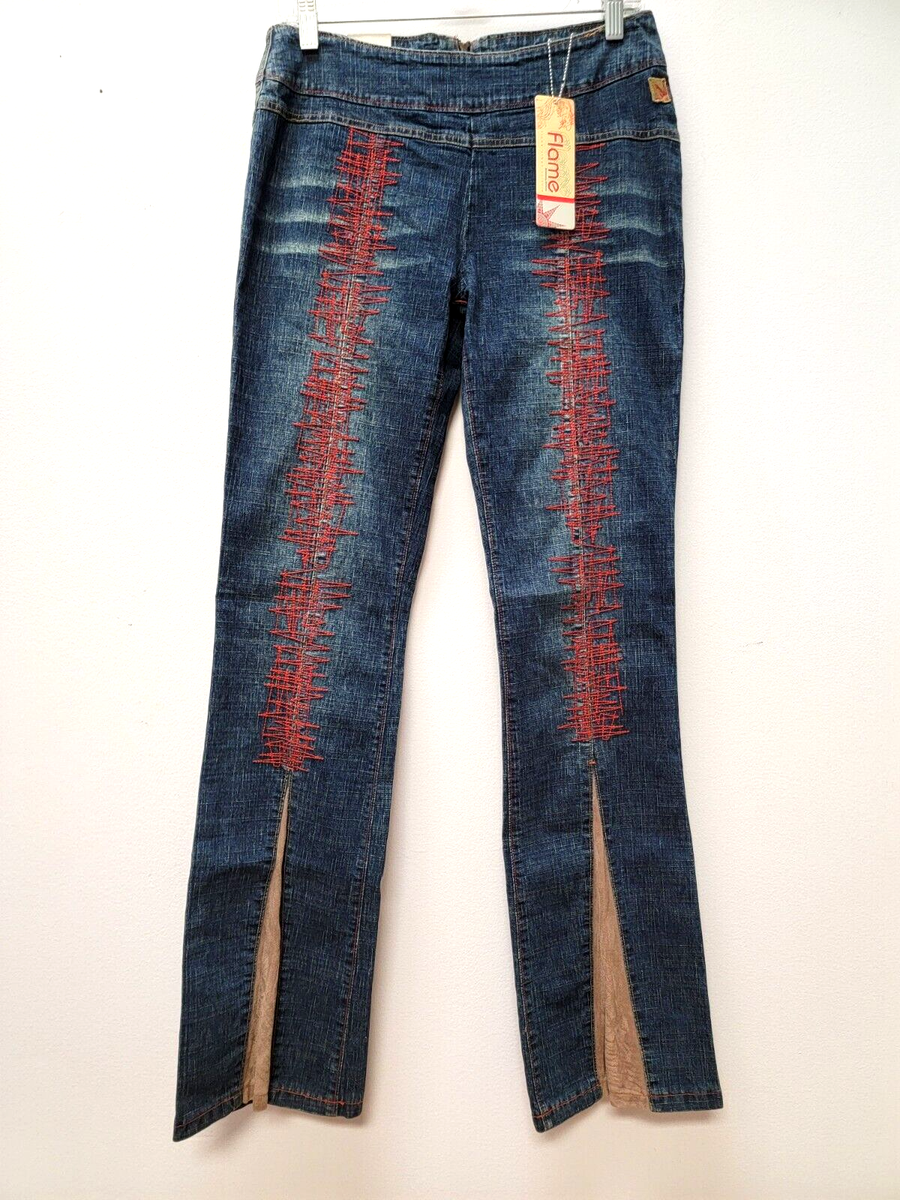 Vintage Y2K Johnny Blaze Flame Ladies 9/10 Suede Trim Flared Jeans Red  Stitch