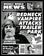 4.75" Funny tabloid vinyl sticker. "Redneck Vampire Attacks Trailer Park" decal.