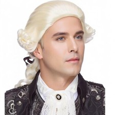 Judge Colonial Wig Man Long Wave Beige Wig Washington Halloween Costume Cospl...