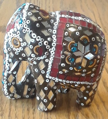 Ornate Jeweled Beaded Mirrored Mosaic Black Elephant India art figurine 3''x 3''