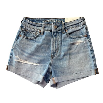 NWT American Eagle Blue Jean Denim Mom Shorts Strigid Women s 0 25W 3'' Inseam