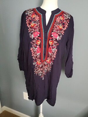 Anthropologie Luna Moon Embroidered Popover Shirt Top Size L Roll Up Sleeve