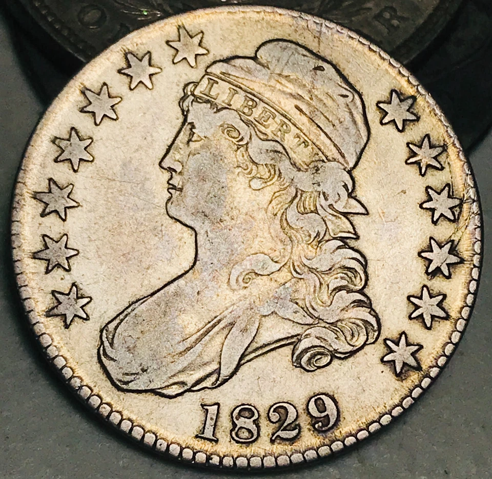 Moneda de medio dólar busto tapado 1829 50C elección sin clasificar 90 % plata de Estados Unidos CC24973 Foto 2 de 4