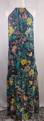 Zara Basic Halter Backless Floral Long Dress Size Small Black Yellow Green
