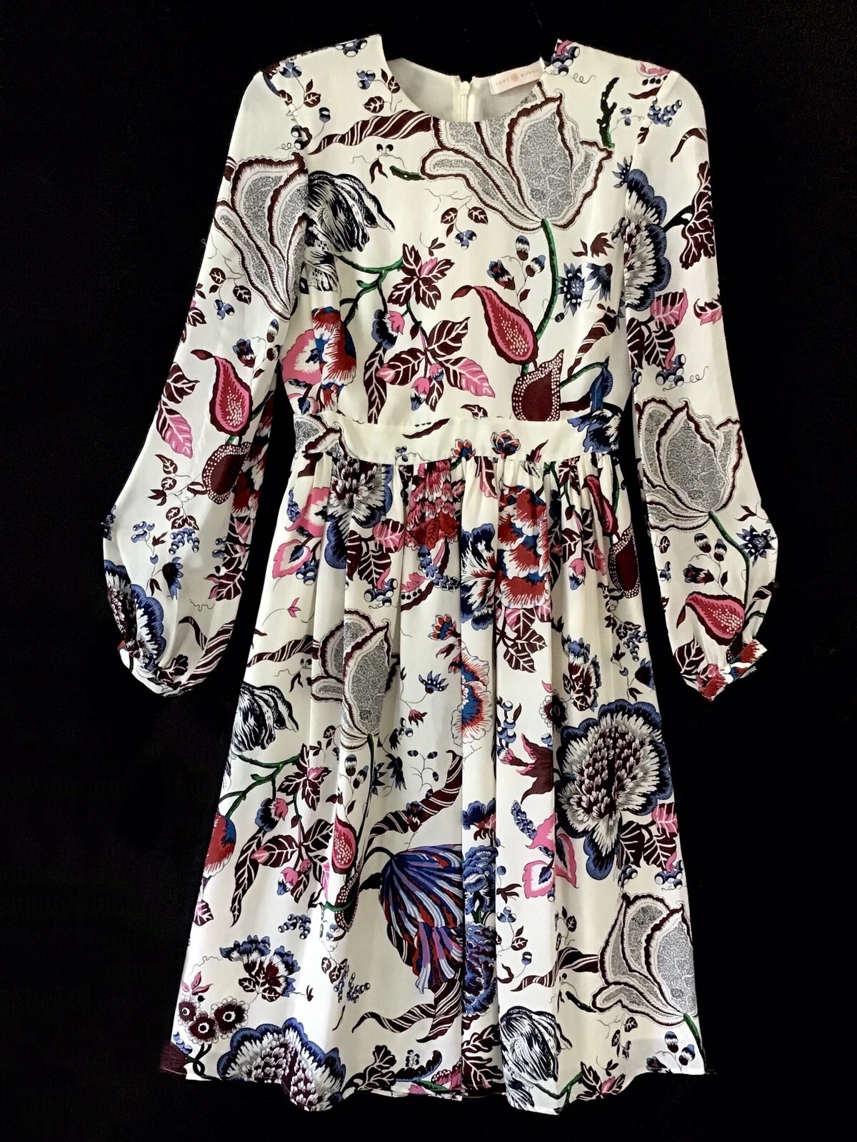 Abito multicolore in seta Tory Burch floreale manica lunga avorio taglia 00 nuovo