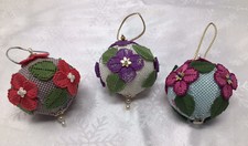 3 VTG Handmade 3D Christmas Ornaments, Plastic Canvas Needlepoint, Floral Design