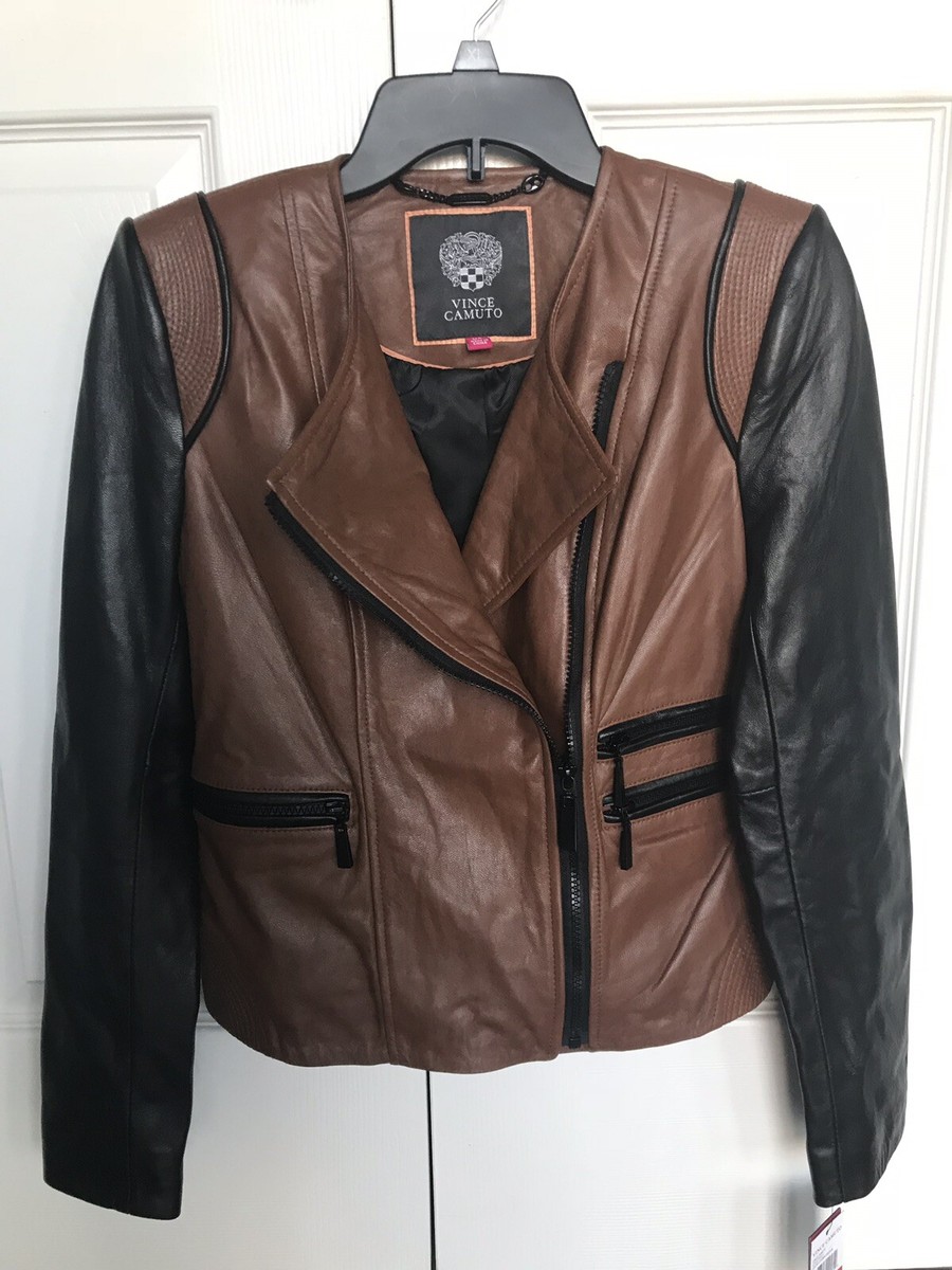 Vince Camuto Women's Leather Jacket Size X-Small Cognac/Black