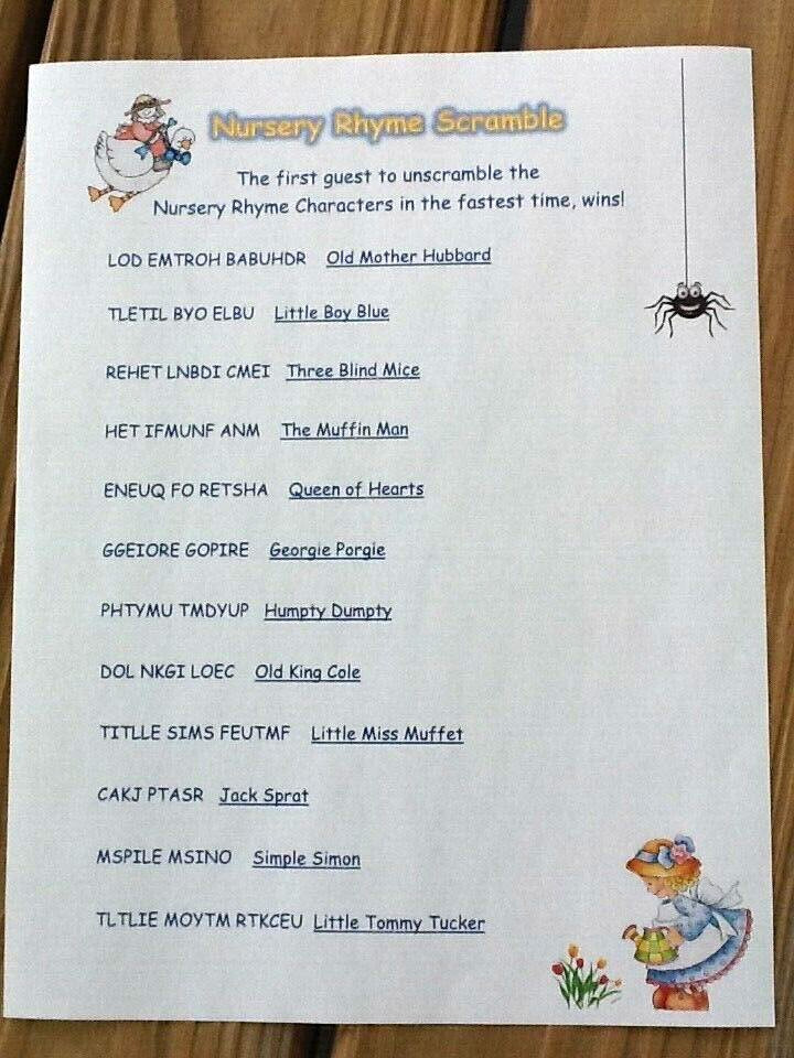 20 Sheets Nursery Rhyme Baby Shower Scramble Game + Answers Provided